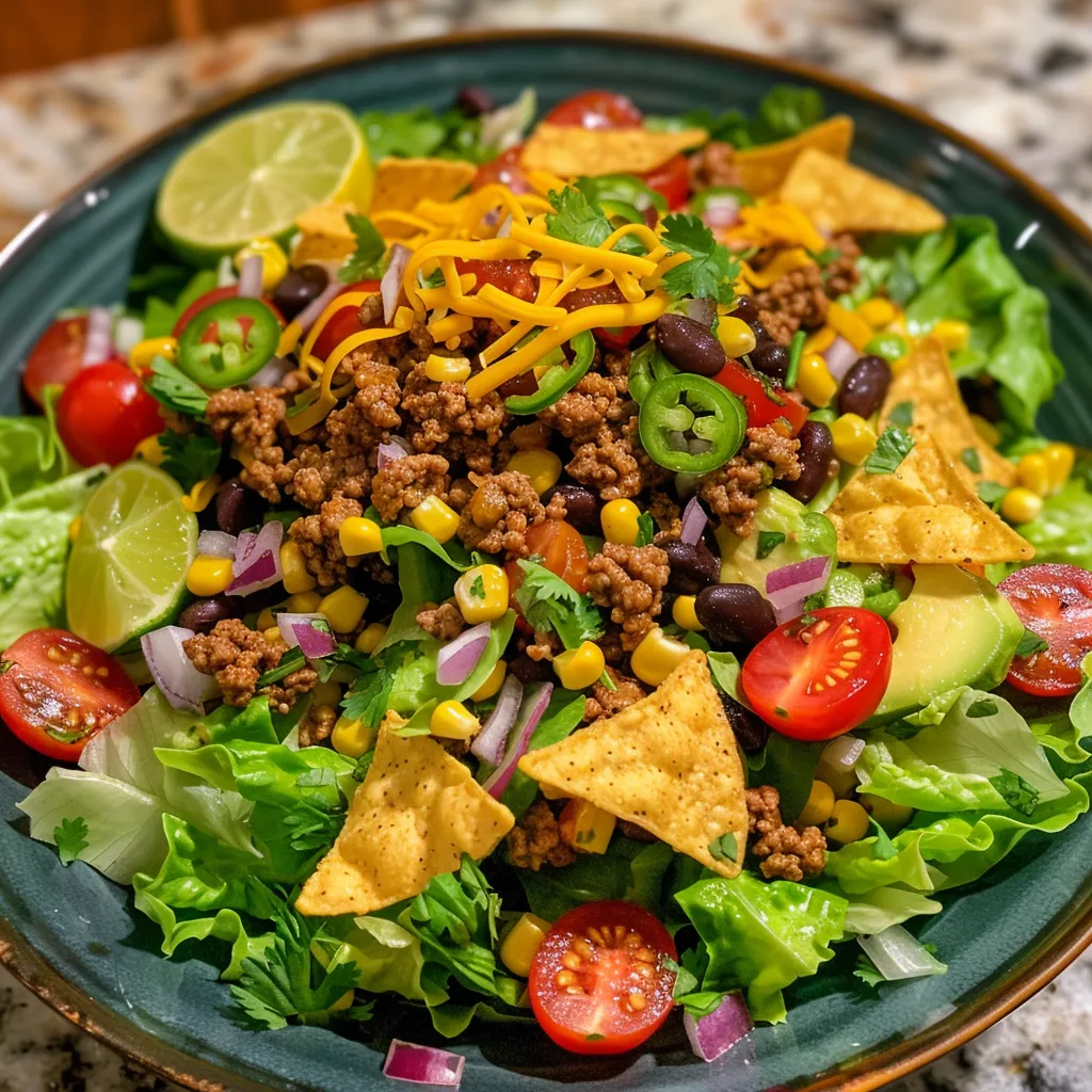 Colorful taco salad with layers of lettuce, cheese, and tortilla chips.