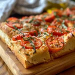 Close-up view of Tomato Basil Focaccia Bread topped with cherry tomatoes and basil.