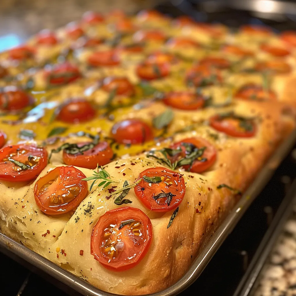 Rustic Tomato Basil Focaccia with a golden crust and fresh ingredients visible.