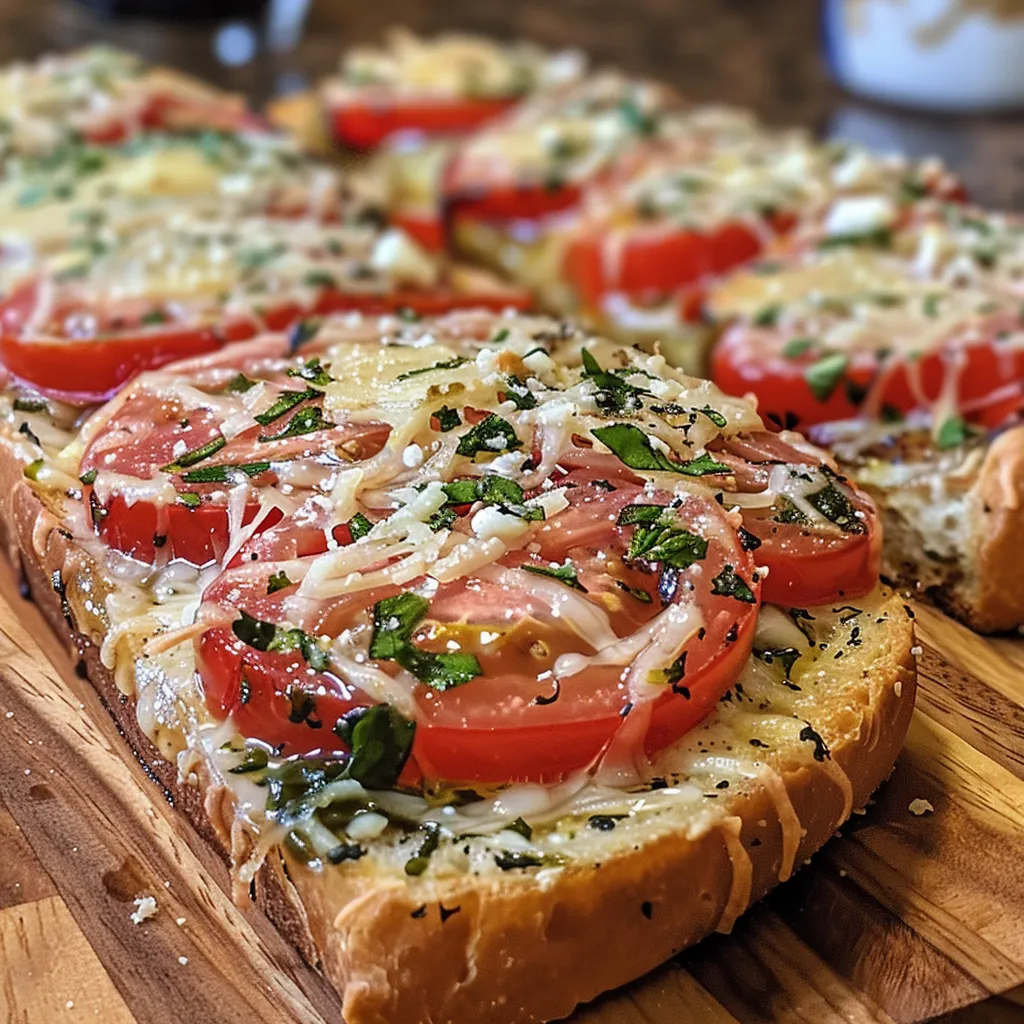 Freshly baked Tomato Basil Garlic Bread with chunks of tomato and green basil.