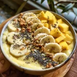 A vibrant tropical smoothie bowl featuring pineapple and mango with colorful toppings.