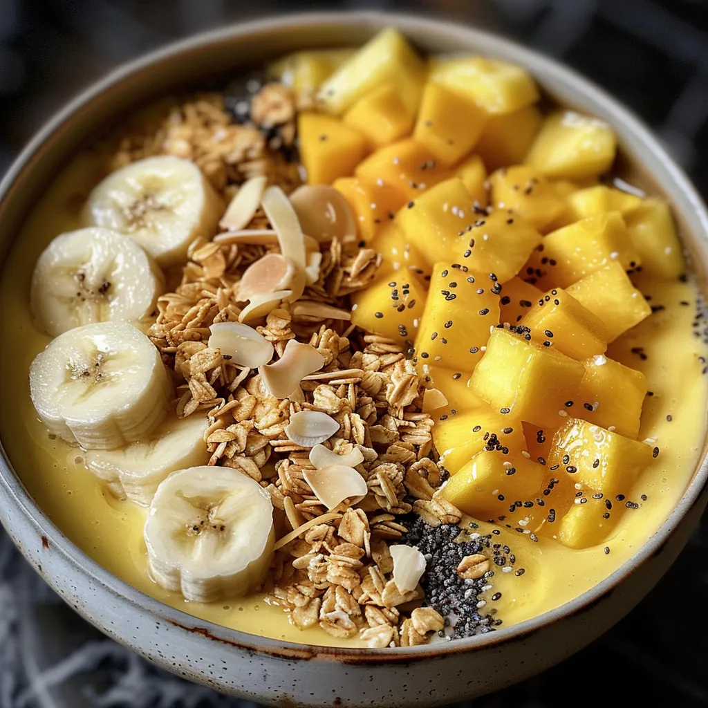Close-up view of a smoothie bowl garnished with sliced bananas, coconut, and chia seeds.