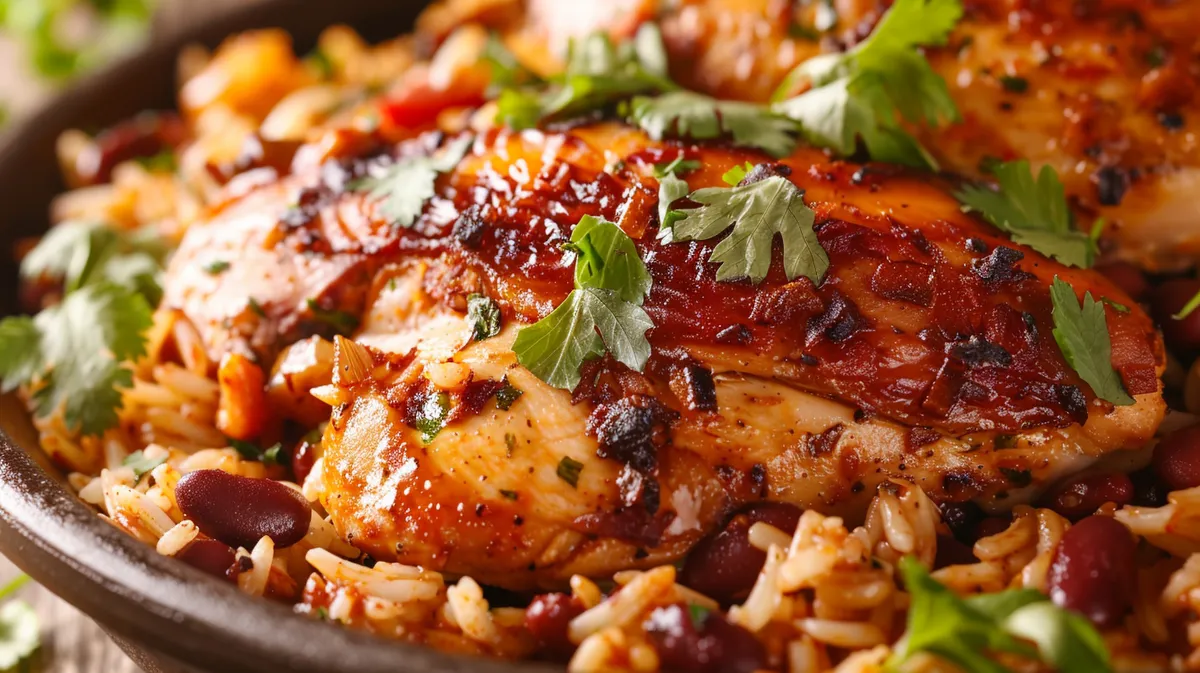 Close-up view of Caribbean chicken and rice, showcasing juicy chicken and vibrant rice.