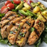 Close-up of a Grilled Pineapple Chicken Salad featuring vibrant ingredients like chicken, pineapple, and vegetables.