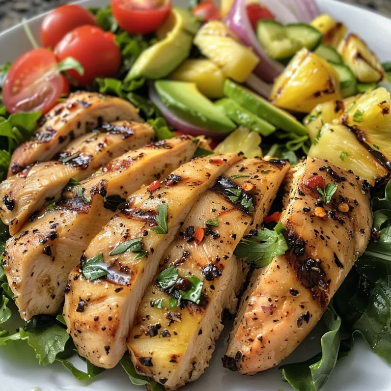Tropical Escapade on a Plate The Grilled Pineapple Chicken Salad Adventure Close-up of a Grilled Pineapple Chicken Salad featuring vibrant ingredients like chicken, pineapple, and vegetables.