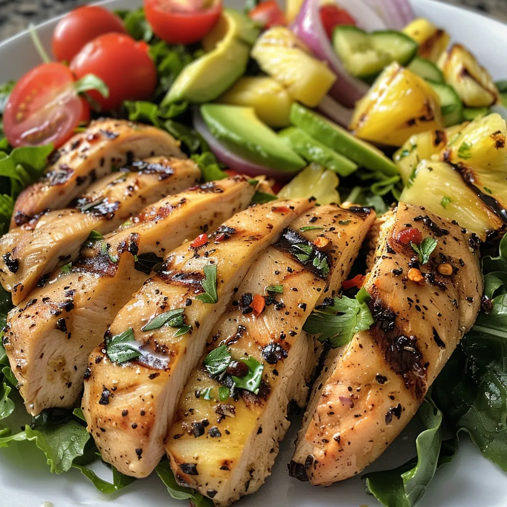 Close-up of a Grilled Pineapple Chicken Salad featuring vibrant ingredients like chicken, pineapple, and vegetables.