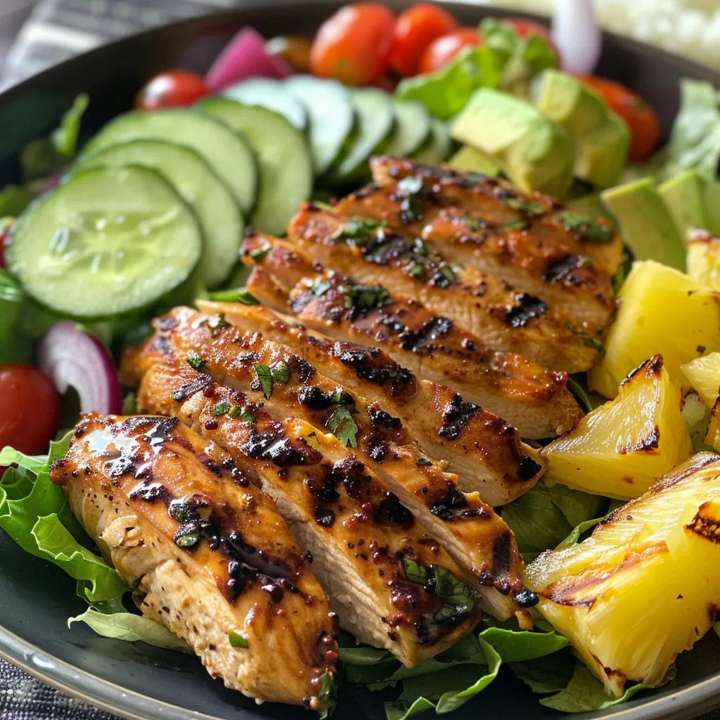 Side view of a colorful salad with grilled chicken and pineapple slices atop mixed greens.