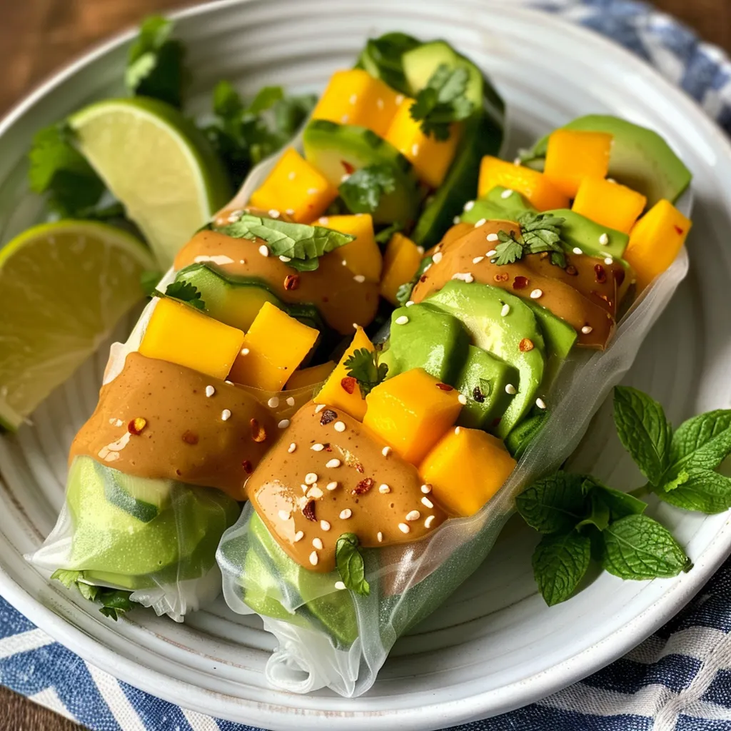 Close-up view of vibrant Mango and Avocado Summer Rolls with fresh herbs.