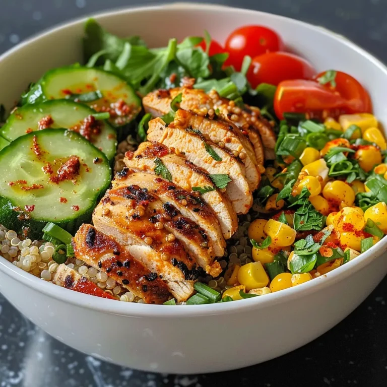 Close-up side view of a colorful Glow Bowl featuring quinoa, chicken, and fresh vegetables.