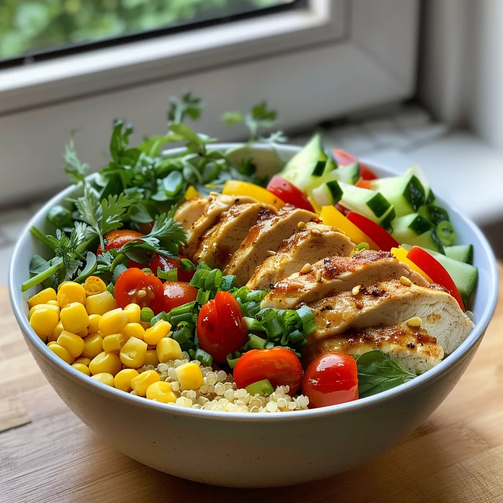 Vibrant Glow Bowl filled with cooked quinoa, grilled chicken, and assorted vegetables from a side angle.