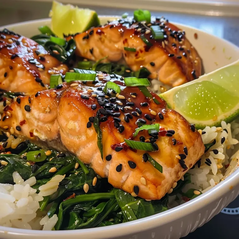 A Flavorful Journey Sweet Savory Salmon Spinach Rice Bowls Inspired by Global Tastes A close-up view of a bowl featuring salmon, spinach, and rice, garnished with sesame seeds.