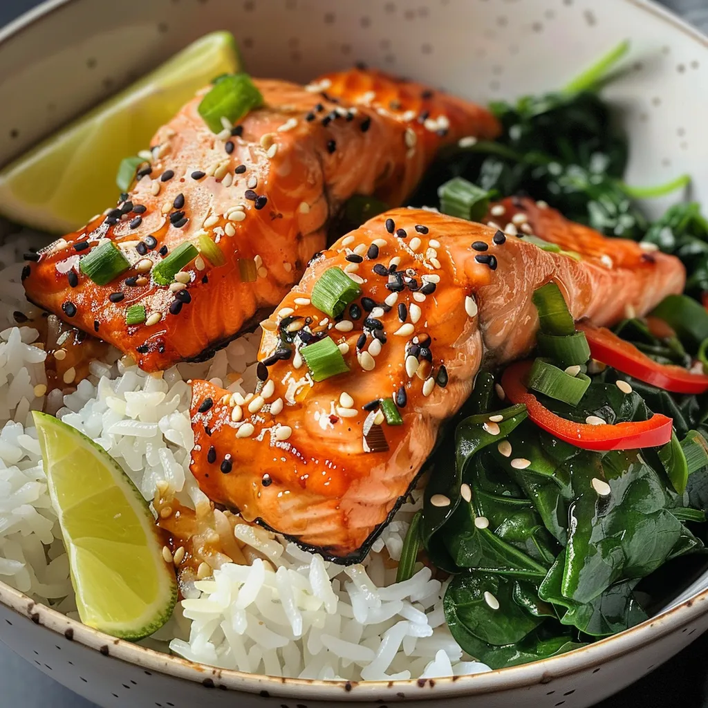 Side view of a vibrant rice bowl containing sweet and savory salmon with fresh spinach.