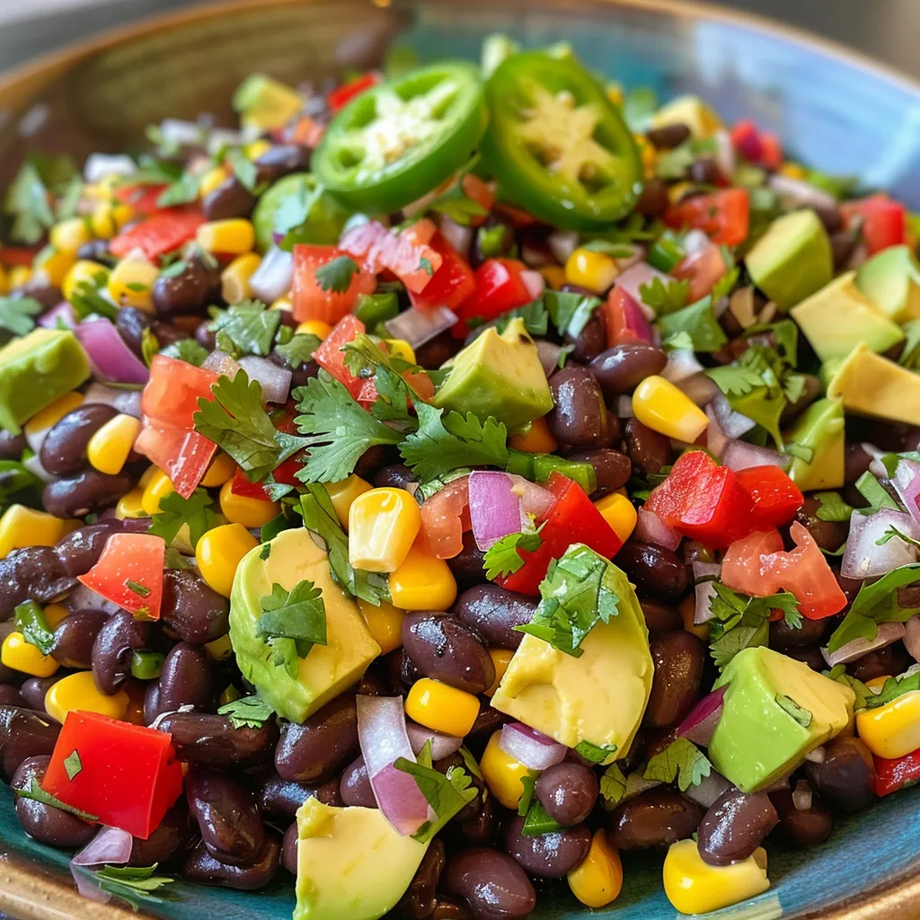 Close-up view of a fresh Zesty Black Bean and Corn Salad showing black beans, corn, and diced vegetables.
