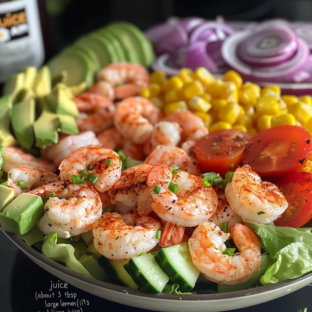 A vibrant shrimp avocado salad featuring fresh vegetables and juicy shrimp.