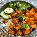 Close-up view of a hot honey chicken and rice bowl with colorful ingredients.