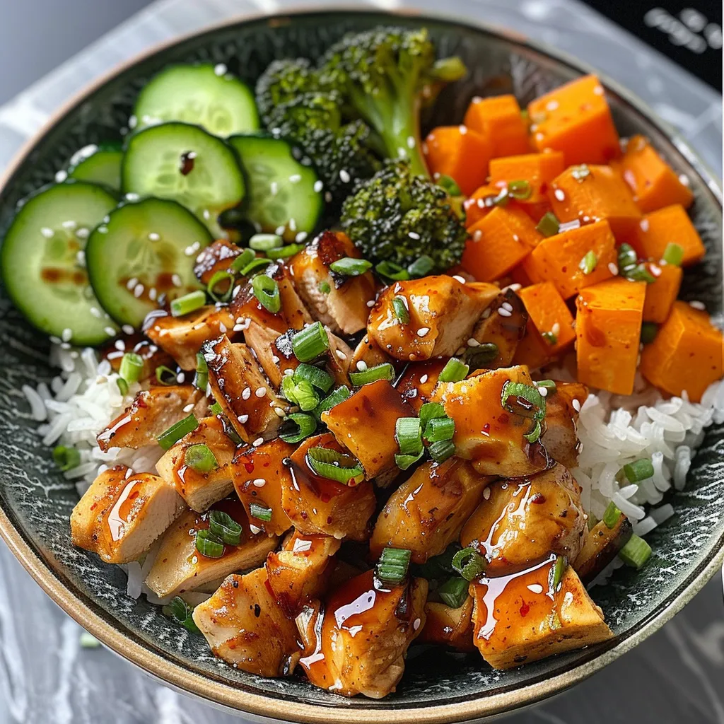 Side angle of a bowl with hot honey chicken, rice, and fresh vegetables.