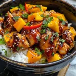 A close-up side view of a Glazed Chicken Mango Bowl featuring diced mangoes, chicken, and rice.