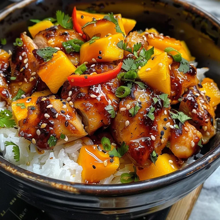 A close-up side view of a Glazed Chicken Mango Bowl featuring diced mangoes, chicken, and rice.