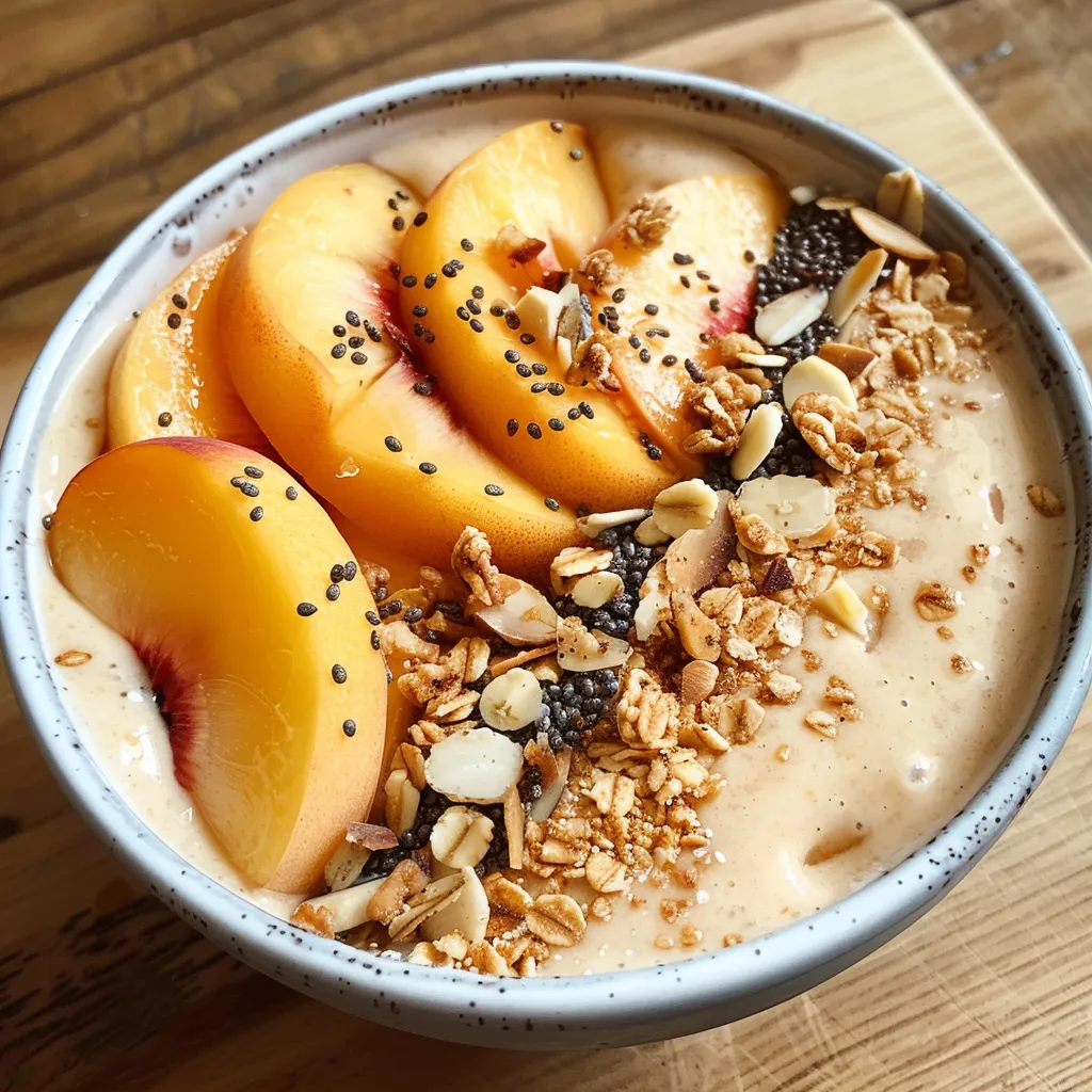 Close-up view of a peach smoothie bowl topped with coconut and fresh peaches.