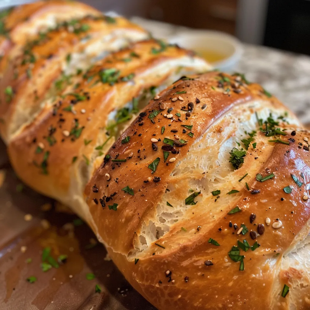 Close-up view of a twisted sourdough loaf with herbs and garlic, showcasing its golden crust.