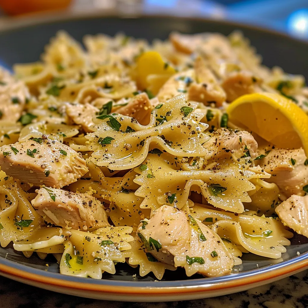 Juicy Herby Lemon Chicken Pasta Salad featuring bowtie pasta, grilled chicken, and herbs.