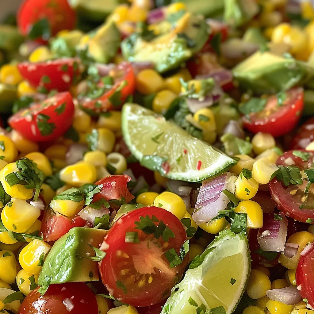 Close-up view of a vibrant avocado corn salad with diced avocados and corn.