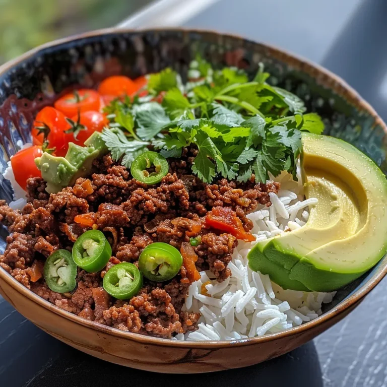 Close-up view of a Beef Mince and Avocado Rice Bowl with vibrant colors.