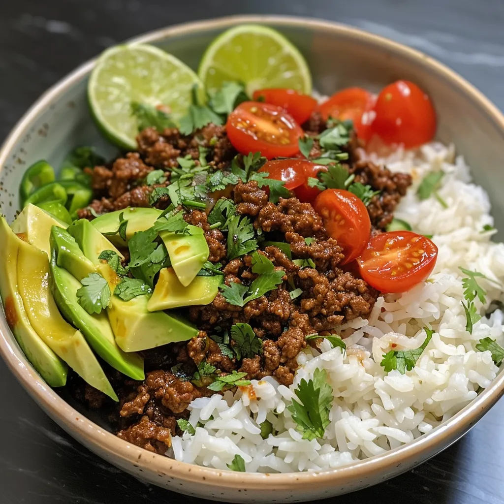 Side view of a delicious Beef Mince Rice Bowl topped with sliced avocados and cherry tomatoes.