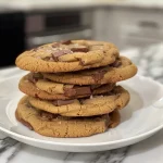 Delicious salted caramel chocolate chip cookies arranged on a plate, showcasing gooey caramel and chocolate.