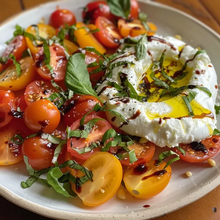 Close-up of a fresh burrata salad with cherry and heirloom tomatoes, garnished with basil.