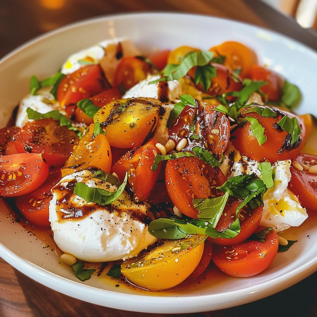 Side view of a vibrant burrata salad featuring sliced tomatoes and drizzled with balsamic.