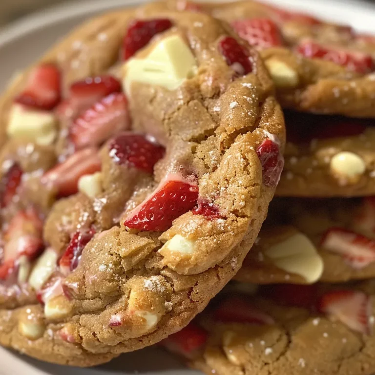 Baking Memories The Sweet Adventure of Strawberries Cream Cookies Close-up view of strawberries and cream cookies, showcasing their soft texture and strawberry pieces.