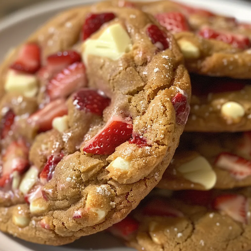 Close-up view of strawberries and cream cookies, showcasing their soft texture and strawberry pieces.