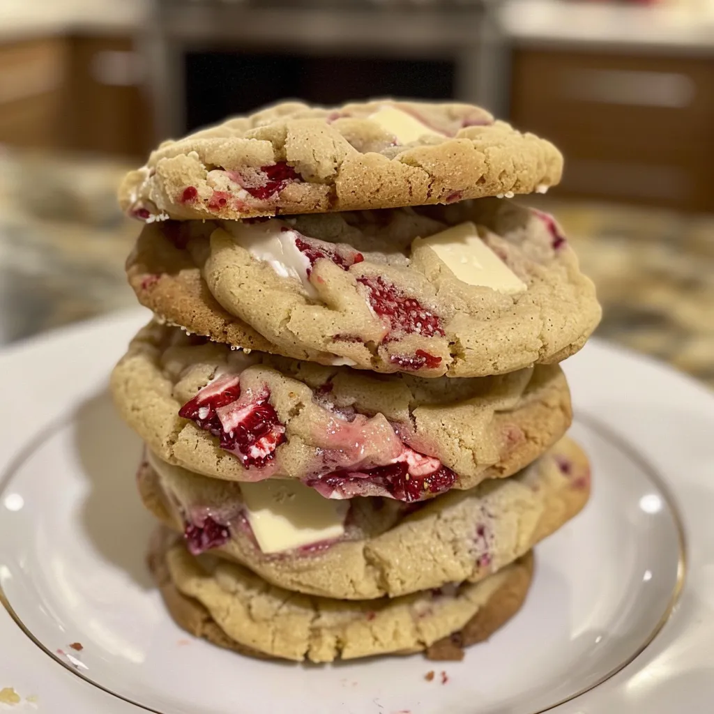 Side view of freshly baked strawberries and cream cookies with white chocolate chunks and a golden crust.