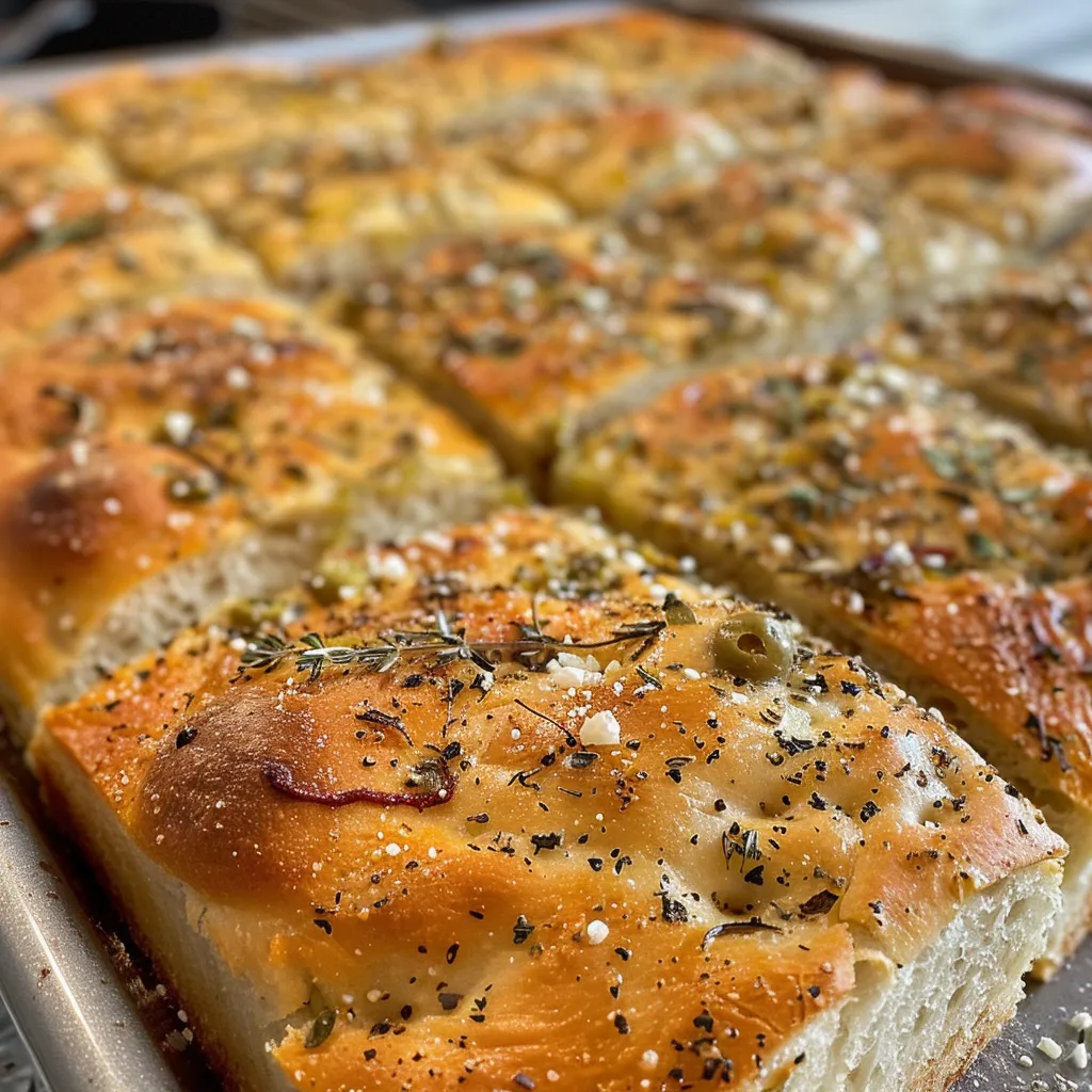 Side view of a fluffy whole wheat focaccia topped with herbs and sea salt.