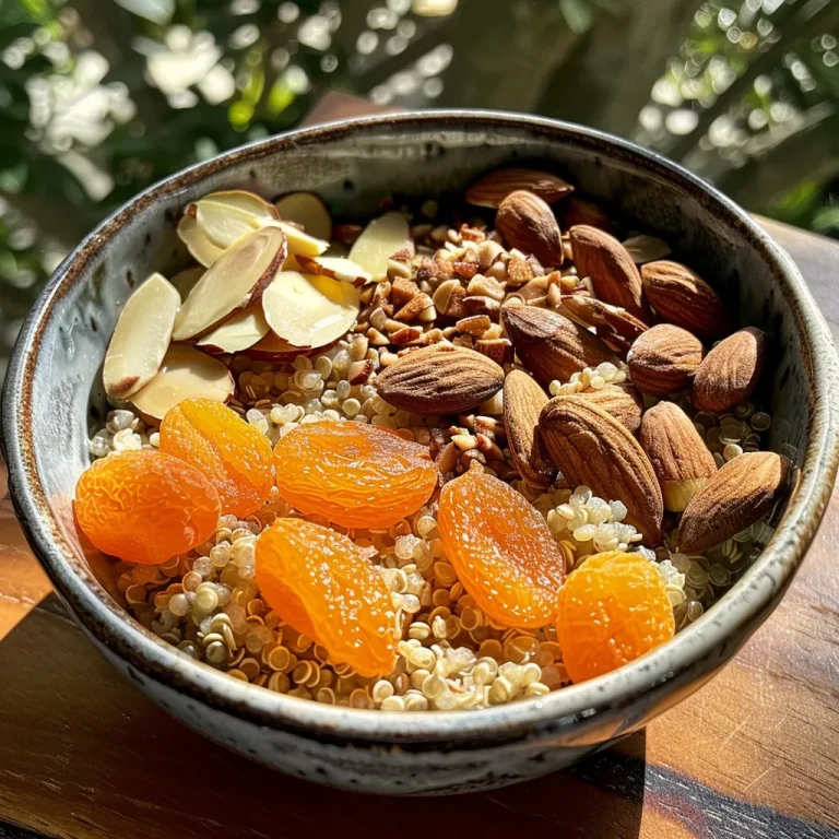 A Journey of Flavors Crafting the Almond Apricot Quinoa Breakfast Bowl Close-up view of a quinoa breakfast bowl topped with chopped almonds and apricots.