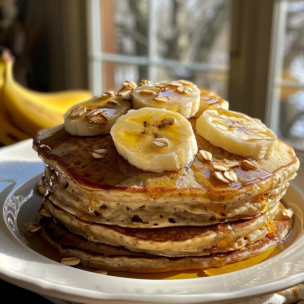 Side view of banana protein pancakes drizzled with syrup, garnished with banana slices.