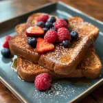 A close-up side view of a stack of Vanilla Protein French Toast topped with fresh berries.