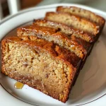 Close-up side view of a slice of vegan banana bread with a golden crust.