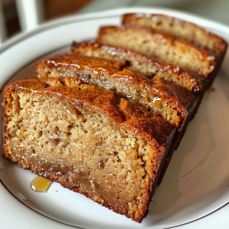 Close-up side view of a slice of vegan banana bread with a golden crust.
