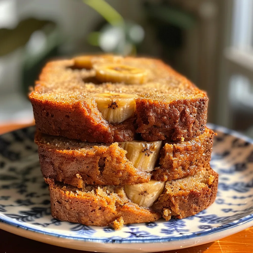 A moist slice of vegan banana bread showcasing ripe banana pieces within.