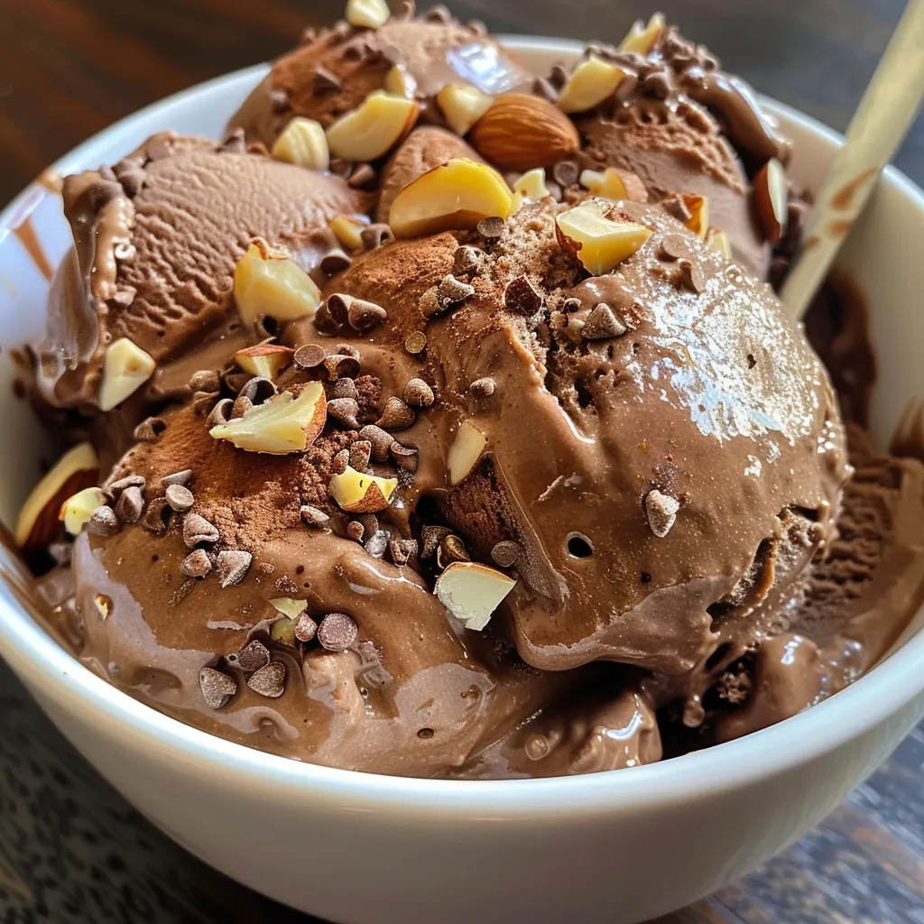 Close-up view of a creamy chocolate banana ice cream in a bowl, topped with nuts.