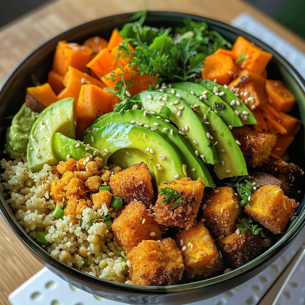Close-up of a couscous bowl featuring fresh vegetables and hummus, showcasing a variety of textures.