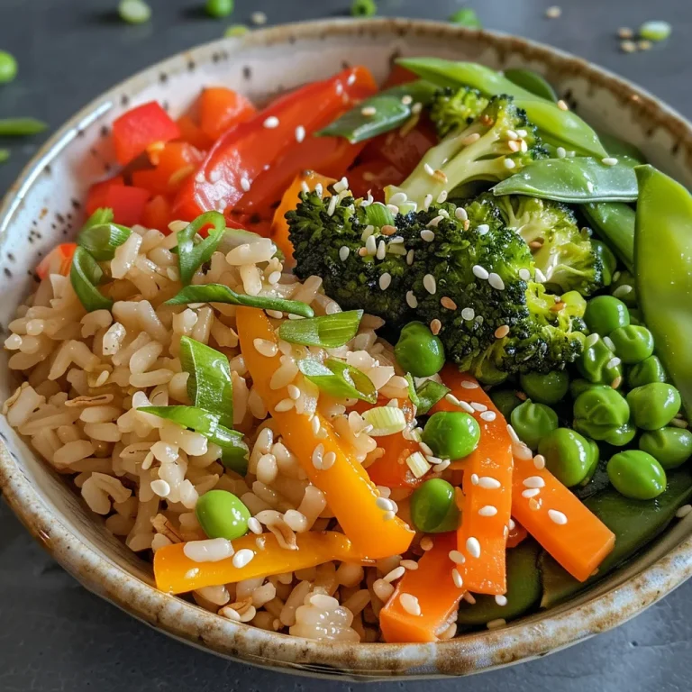 A Colorful Journey in a Bowl Discovering the Magic of Veggie Stir-Fry Rice A colorful Veggie Stir-Fry Rice Bowl featuring brown rice, bell peppers, broccoli, carrots, and snap peas.