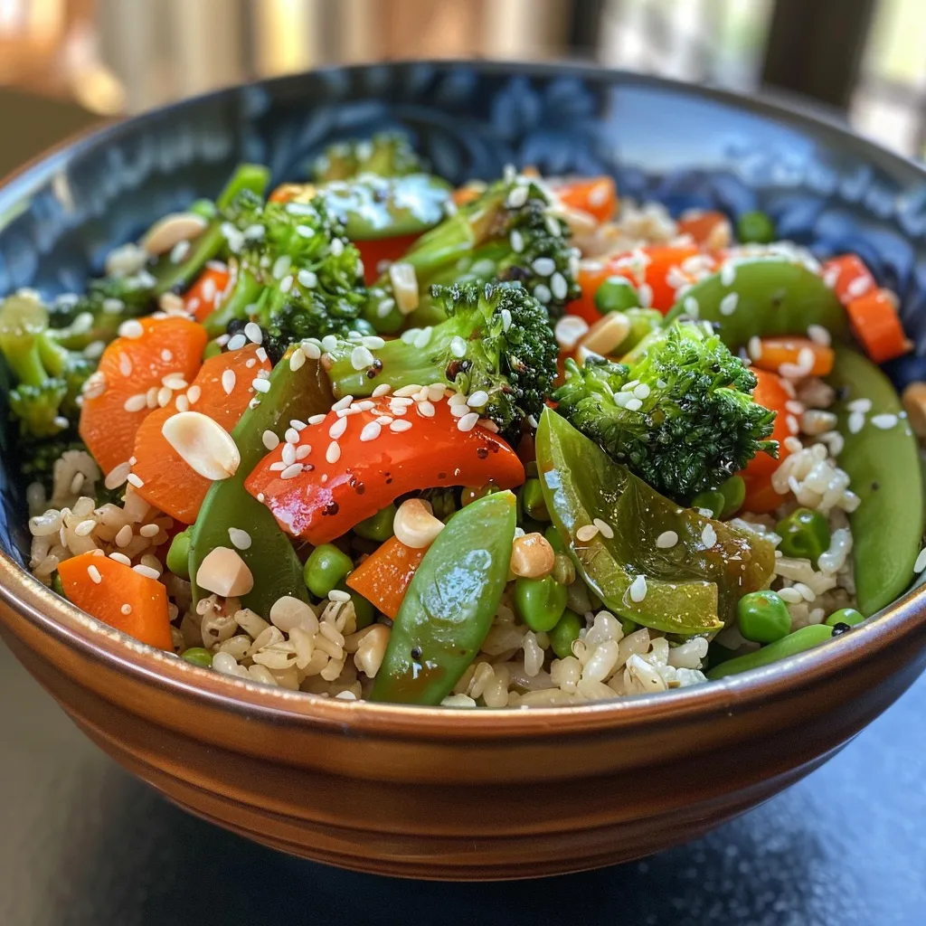 Close-up view of a Veggie Stir-Fry Rice Bowl topped with sesame seeds and placed in a bowl.