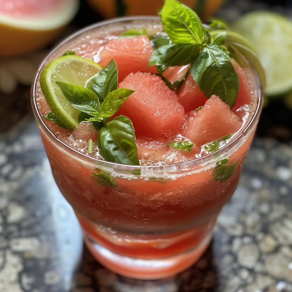 Refreshing Watermelon Lime Cooler with ice and basil, photographed from the side.