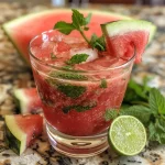 A refreshing Watermelon Mint Cooler in a glass with mint leaves and watermelon wedges.