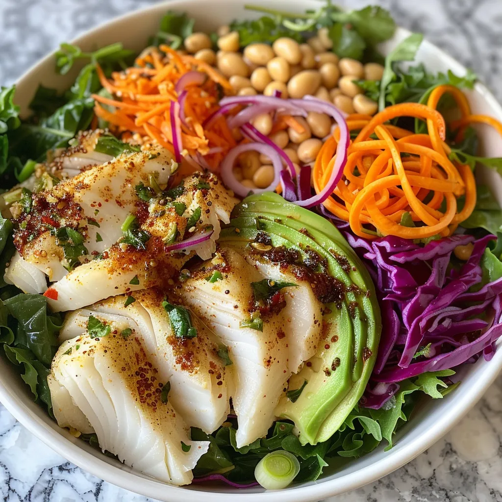 Close-up of a colorful Buddha bowl with fresh vegetables and a juicy fish fillet on a bed of quinoa.