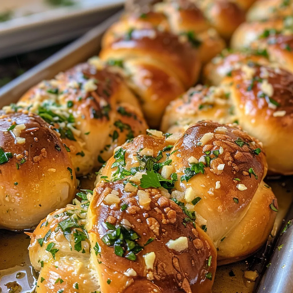 Side view of freshly baked whole wheat garlic knots drizzled with olive oil.