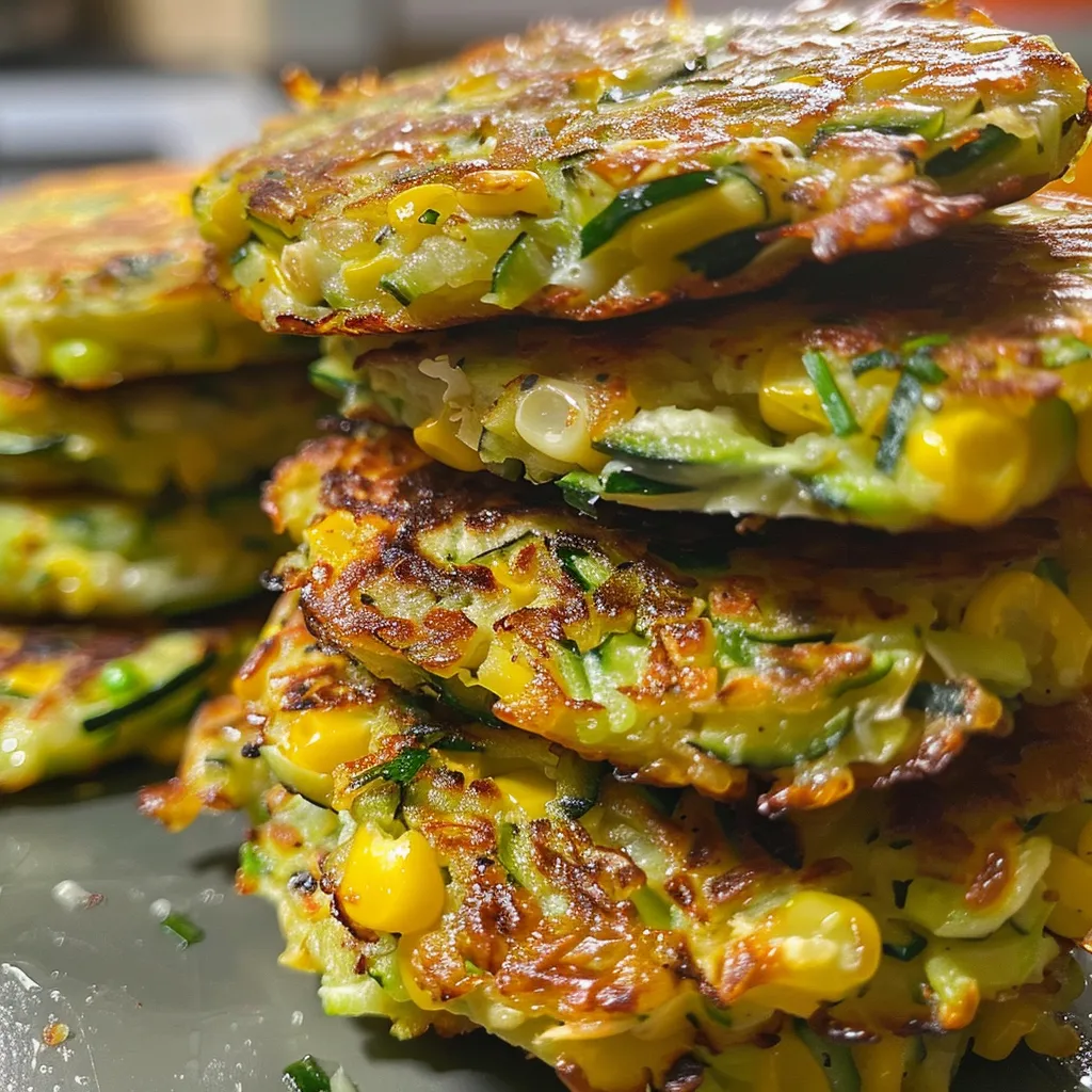 Side view of tempting zucchini corn fritters with fresh ingredients in the background.